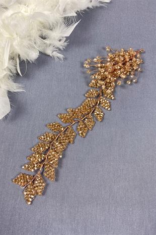 Koyu Bal Rengi Kristal Boncuklu İliz Gelin Saç Ve Türban Aksesuarı