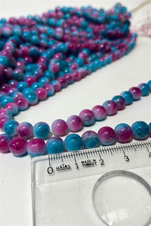 Koyu Fuşya Desenli Dizi Cam Boncuk 8 mm