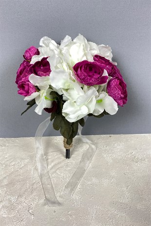 Koyu Fuşya Ortanca Şakayıklı Gelin El Buketi Saç Aksesuarı ve Yaka Çiçeği