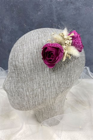 Koyu Fuşya Pamuk Otlu Cipso ve Yapay Çiçek Taraklı Saç Tokası Aksesuar