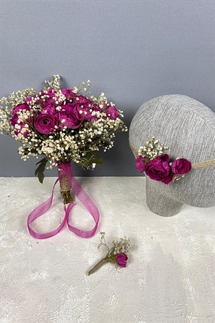 Dark Fuchsia Peony Flower Gypsole Bridal Bouquet Crown and Boutonniere Set