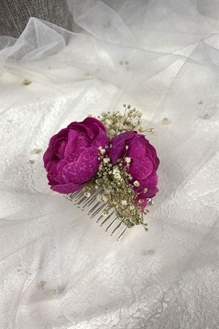 Koyu Fuşya Şakayık Çiçekli Cipsolu Taraklı Saç Tokası