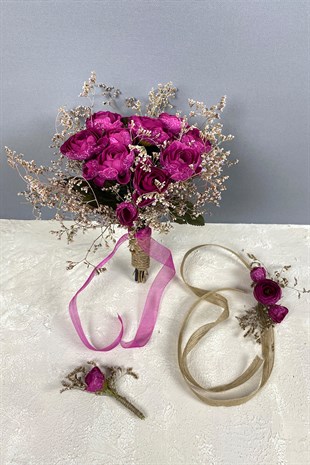 Dark Fuchsia Peony Flower Sea Grass Bridal Bouquet Crown and Boutonniere Set