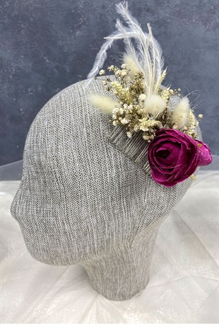 Koyu Fuşya Tüylü ve Cipso Çiçekli Taraklı Saç Aksesuarı