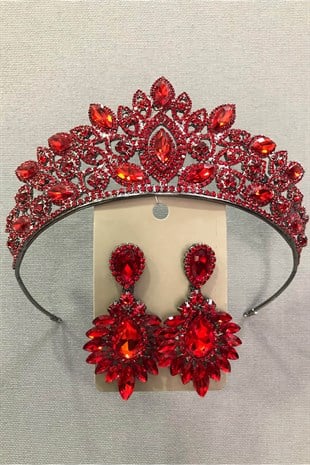 Dark Red Crystal Stone Silver Bridal Crown and Earring Set