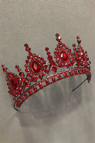 Koyu Kırmızı Kristal Taşlı Kına ve Gelin Tacı
