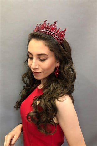 Koyu Kırmızı Kristal Taşlı Kına ve Gelin Tacı