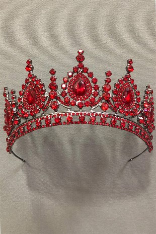 Koyu Kırmızı Kristal Taşlı Kına ve Gelin Tacı