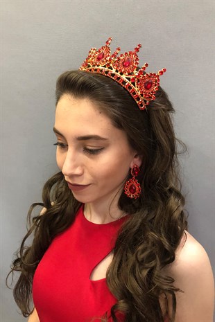 Dark Red Crystal Stone Metal Case Henna and Bridal Crown