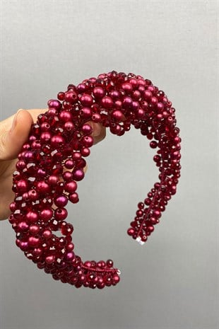 Dark Red Leal Convex Crystal and Pearls Bridal Hair Accessory