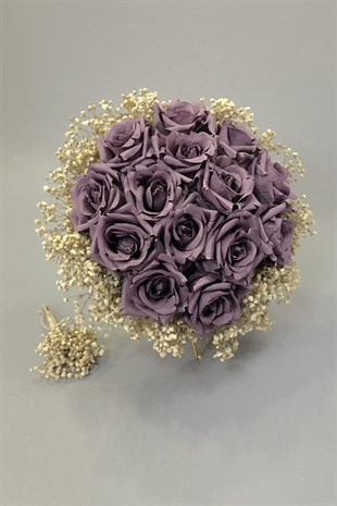 Koyu Lila Cipsolu Gelin Buketi ve Yaka Çiçeği