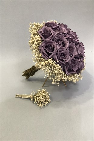 Koyu Lila Cipsolu Gelin Buketi ve Yaka Çiçeği