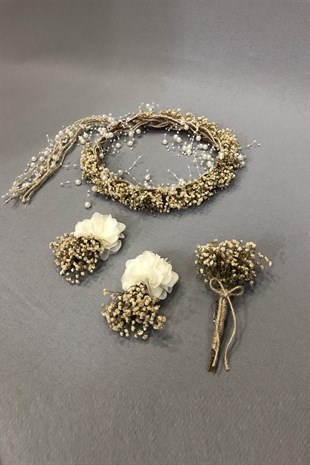 Koyu Lila Güllü Cipsolu Gelin Buketi Seti