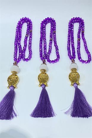 Koyu Lila Hediyelik Laleli Püsküllü Kristal Boncuklu 99 Lu Namaz Tesbihi ( Mevlüt-sünnet-hac-umre)