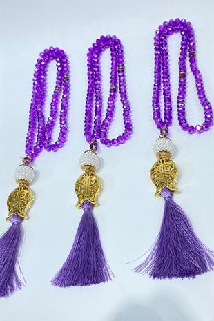 Koyu Lila Hediyelik Laleli Püsküllü Kristal Boncuklu 99 Lu Namaz Tesbihi ( Mevlüt-sünnet-hac-umre)