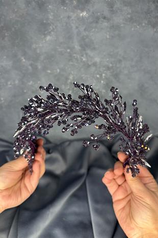 Dark Purple Hera Crystal Beaded Bridal Henna Tiara Hair and Turban Accessory