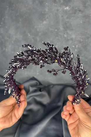 Dark Purple Hera Crystal Beaded Bridal Henna Tiara Hair and Turban Accessory