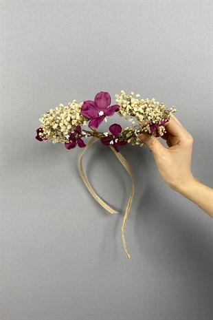 Koyu Mor Ortancalı Kuru Çiçekli Dış Çekim Gelin Saç Aksesuarı