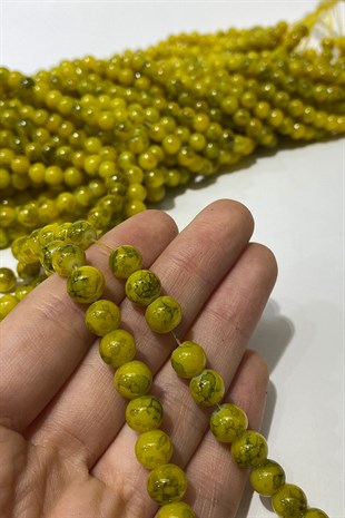 Koyu Sarı Desenli Dizi Cam Boncuk 8 mm