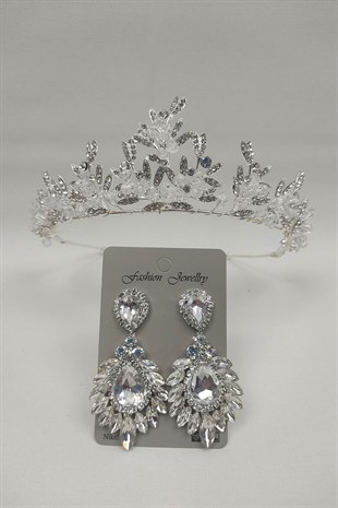 Kraz Model Gelin Tacı Ve Damla Mekik Taşlı Küpe