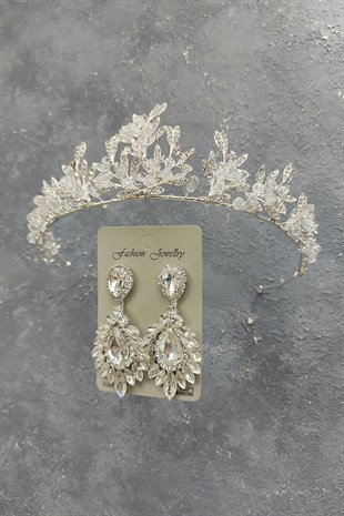 Kraz Model Gelin Tacı Ve Damla Mekik Taşlı Küpe