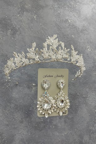 Kraz Model Gelin Tacı Ve Damla Mekik Taşlı Küpe