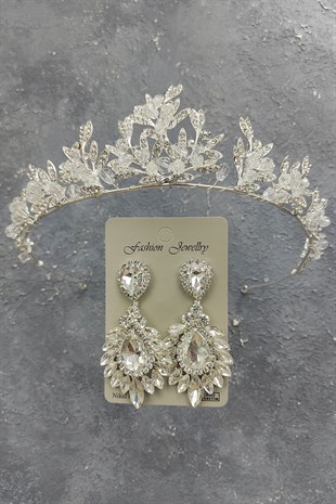 Kraz Model Gelin Tacı Ve Damla Mekik Taşlı Küpe