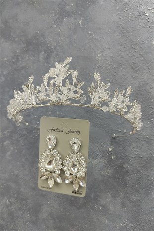 Kraz Model Gelin Tacı Ve Mekik Damla Taşlı Küpe