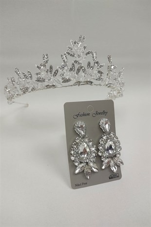 Kraz Model Gelin Tacı Ve Mekik Damla Taşlı Küpe