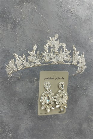 Kraz Model Gelin Tacı Ve Mekik Damla Taşlı Küpe