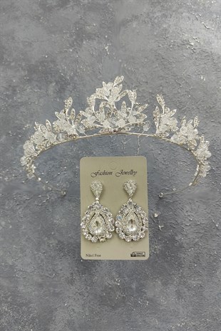 Kraz Model Gelin Tacı Ve Mekik Taşlı Küpe