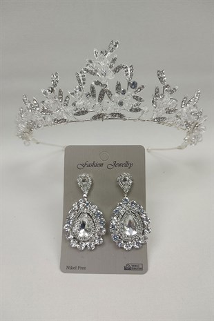 Kraz Model Gelin Tacı Ve Mekik Taşlı Küpe