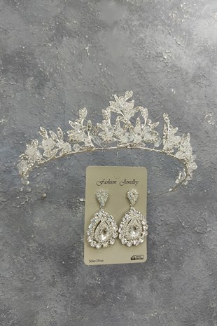 Kraz Model Gelin Tacı Ve Mekik Taşlı Küpe