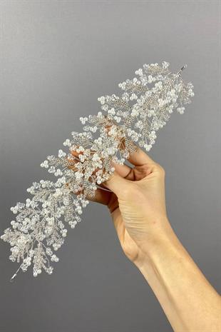 Krem Arden Kristal Boncuklu Saç Bandı ve Gelin Kına Tacı