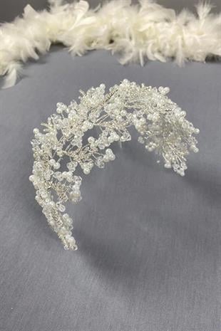 Krem Arden Kristal Boncuklu Saç Bandı ve Gelin Kına Tacı