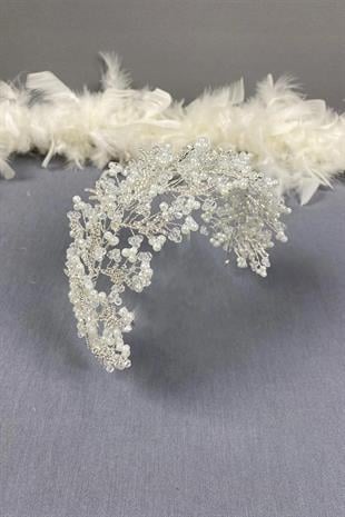 Krem Arden Kristal Boncuklu Saç Bandı ve Gelin Kına Tacı