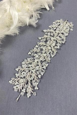 Krem Arden Kristal Boncuklu Saç Bandı ve Gelin Kına Tacı