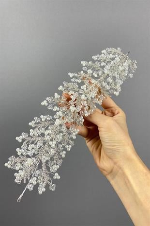 Krem Arden Kristal Boncuklu Saç Bandı ve Gelin Kına Tacı