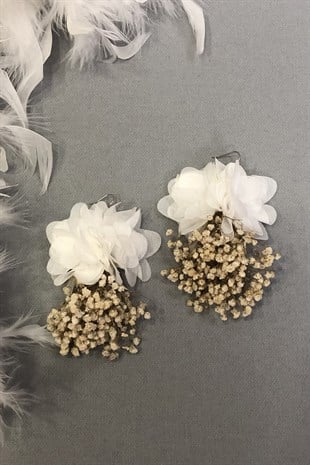 Krem Beyaz Renk Kuru Çiçekli Küpe