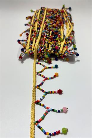 Krem Boru Boncuklu İnce Küçük Püsküllü Dekoratif Şerit Antik Aplik