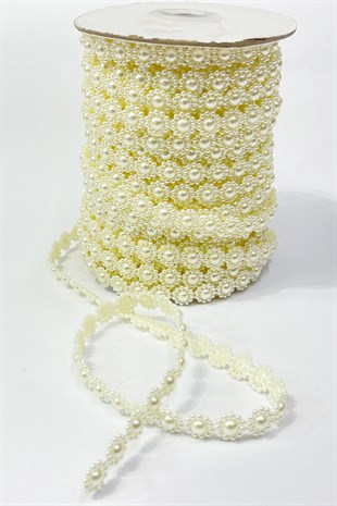 Cream Flower Patterned Half Plastic Strip Pearl 10 mt