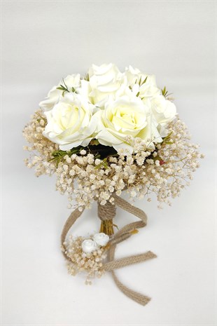 Krem Cipsolu Gül Çiçeği Gelin Buketi Ve Damat Yaka Çiçeği