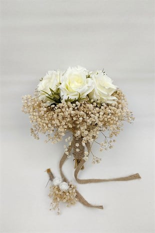 Krem Cipsolu Gül Çiçeği Gelin Buketi Ve Damat Yaka Çiçeği
