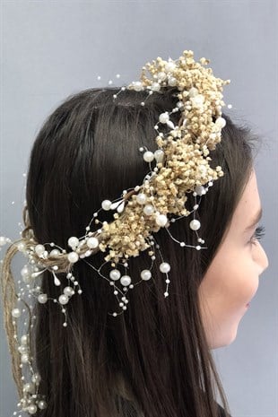 Krem Cipsolu İncili Kuru Çiçekli Taç