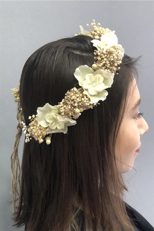 Krem Cipsolu Ortanca Çiçekli Taç