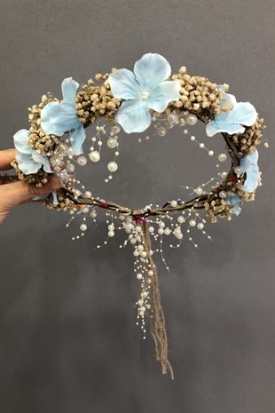 Krem Cipsolu ve Mavi Kuru Çiçekli Taç