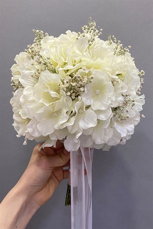 Cream World Model Bride Bouquet with Hydrangea Groom Boutonniere