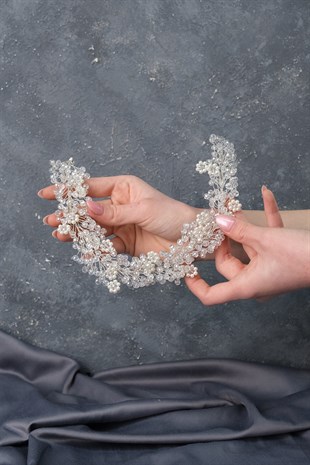 Krem Duru Boncuklu Gelin Tacı Saç ve Türban Aksesuarı