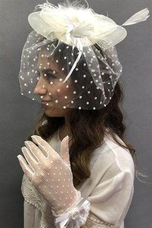 Cream Gloves-Potted Voilelet Wedding Hat Face Veils
