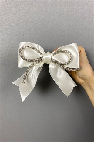 Krem Full Taşlı Fiyonklu Saç Tokası Aksesuar